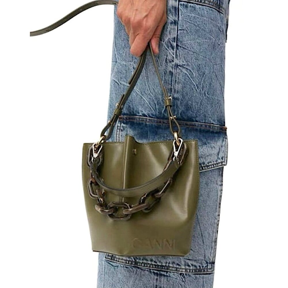 GANNI 3-Way Diamond Bucket Bag Limited Edition Leather Crossbody Shoulder Green